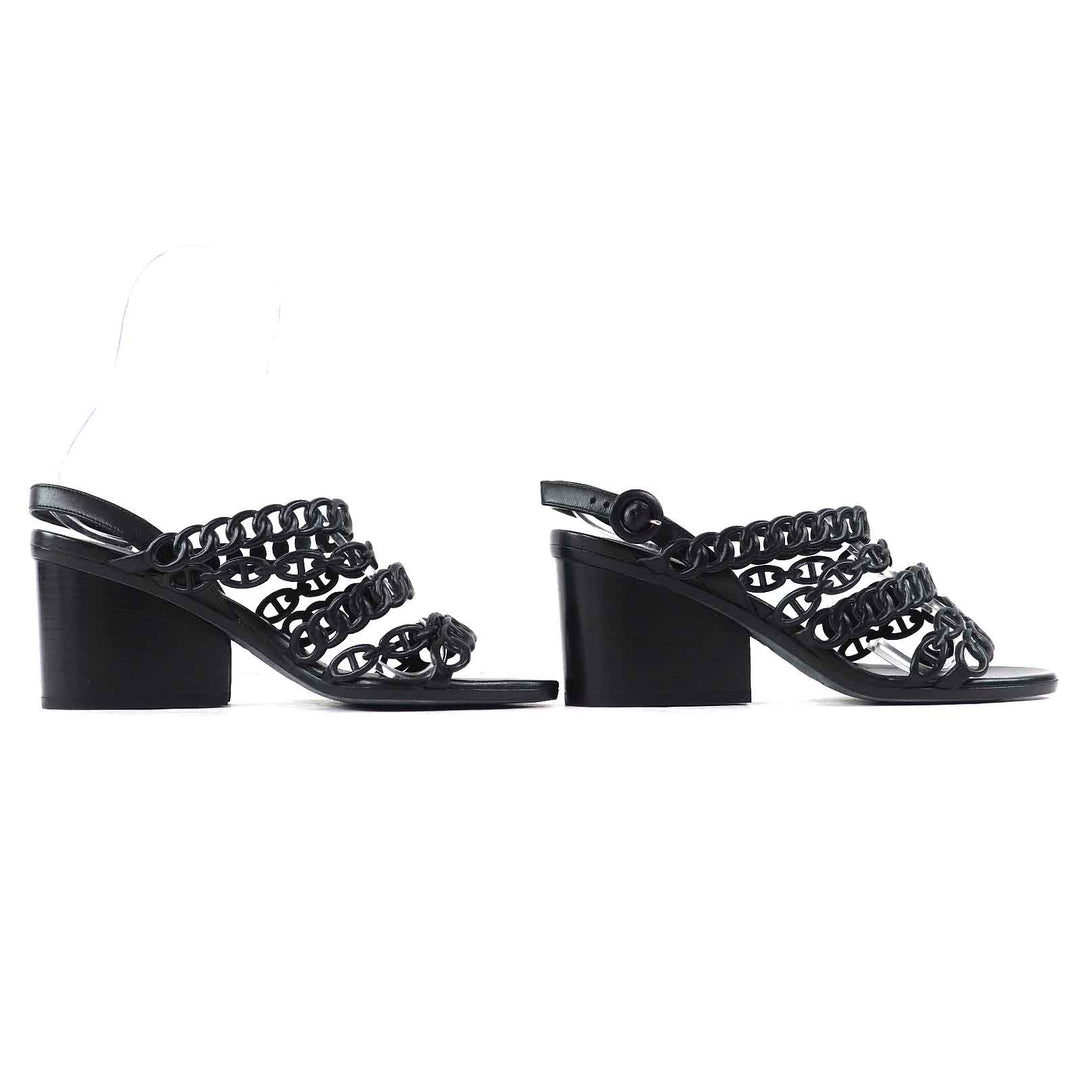 Great HERMES Sandals Romanzo Chaine d'Ancre ankle strap black leather Women 37 181096Z