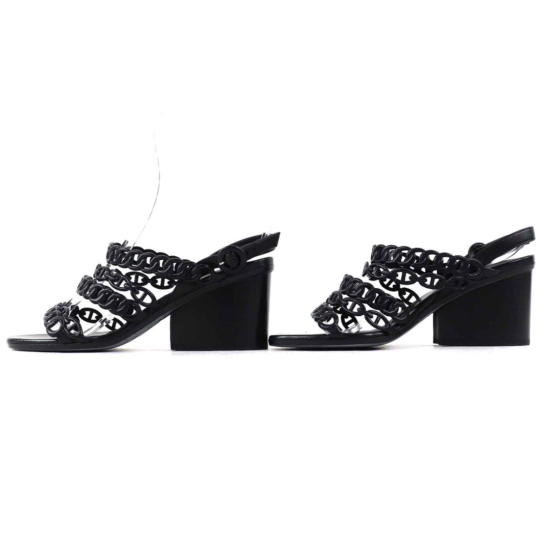 Great HERMES Sandals Romanzo Chaine d'Ancre ankle strap black leather Women 37 181096Z