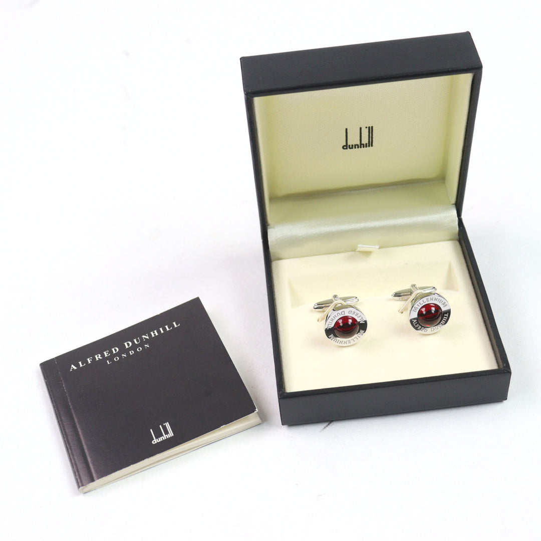 Excellent Dunhill Cufflinks cufflinks Engraved logo Round shape Silver Red Colored stone