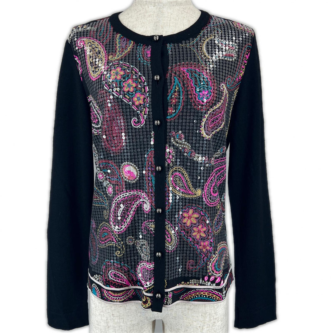 Great LEONARD cardigan Paisley Sequined Crew Neck Long Sleeve black wool Women M