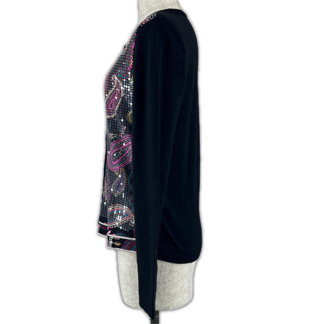 Great LEONARD cardigan Paisley Sequined Crew Neck Long Sleeve black wool Women M