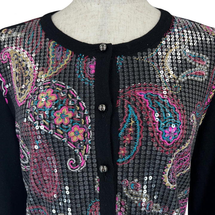 Great LEONARD cardigan Paisley Sequined Crew Neck Long Sleeve black wool Women M