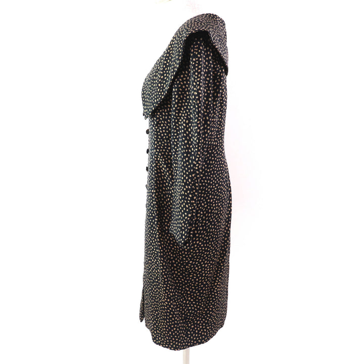 Excellent Christian Dior one piece All-over print big collar shirt Black beige silk Women