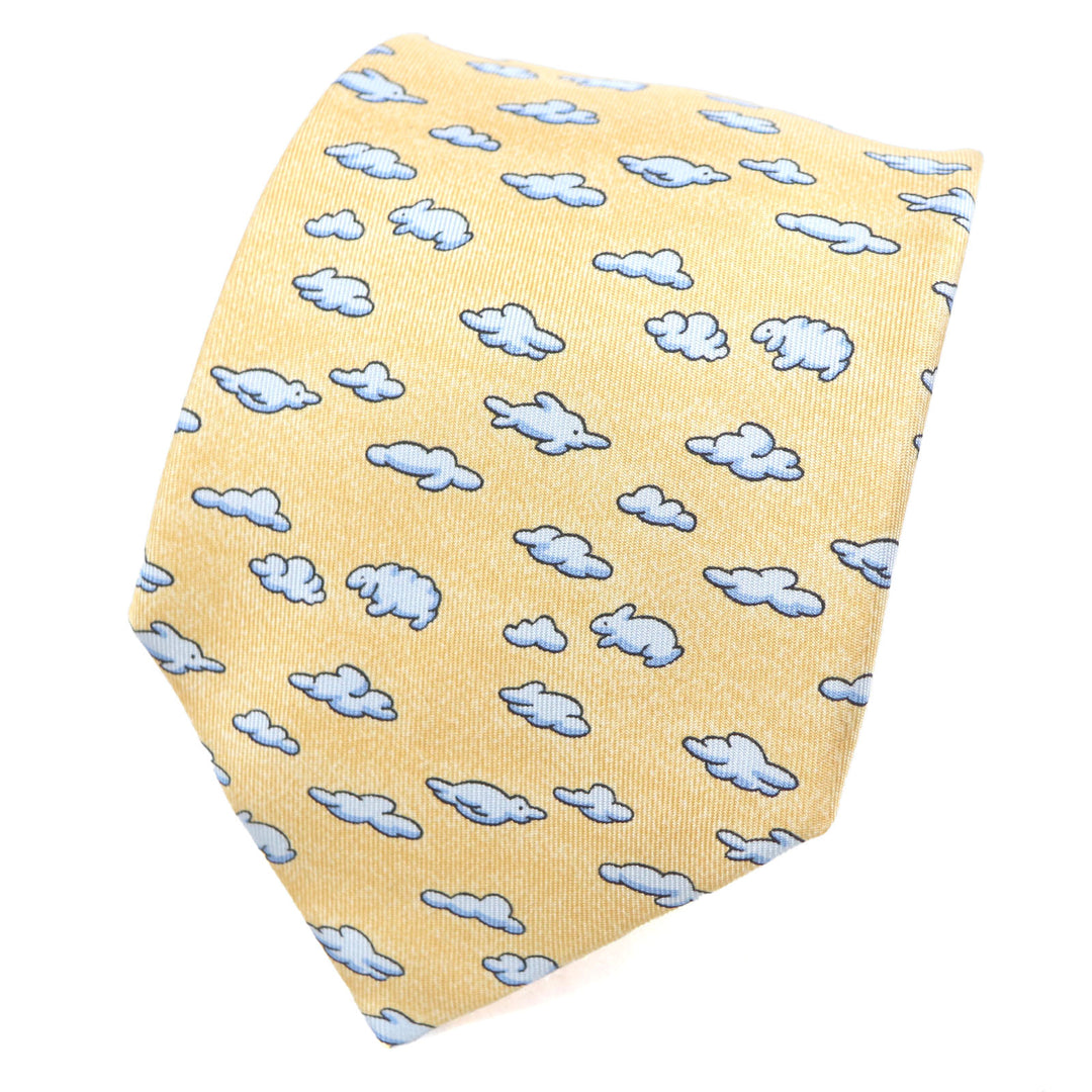 Excellent HERMES tie Clouds Animals All-over Pattern Orange blue silk mens