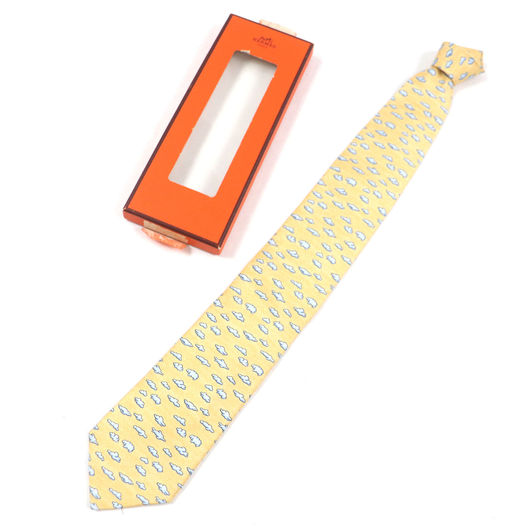 Excellent HERMES tie Clouds Animals All-over Pattern Orange blue silk mens
