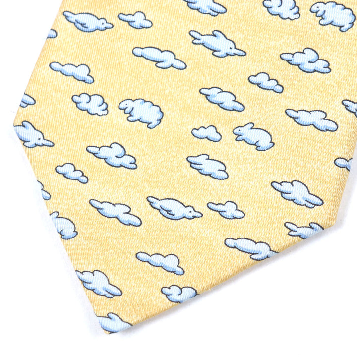 Excellent HERMES tie Clouds Animals All-over Pattern Orange blue silk mens