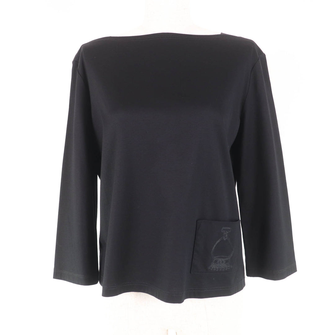 Excellent HERMES T-shirt Pocket embroidery design Boat neck 3/4 sleeves black