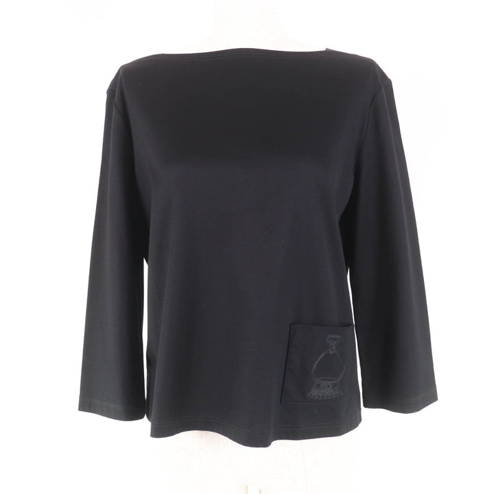 Excellent HERMES T-shirt Pocket embroidery design Boat neck 3/4 sleeves black