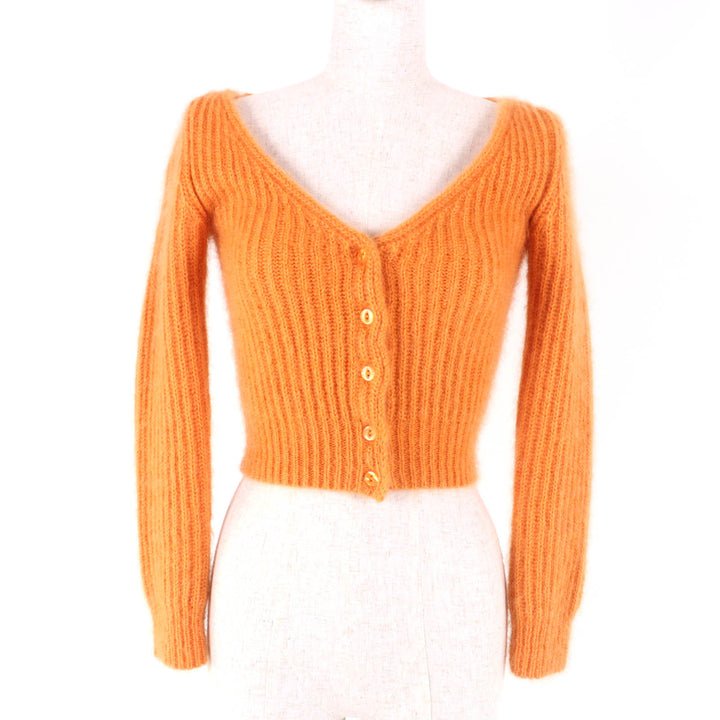 Excellent CELINE cardigan Cropped V-neck Long sleeves Knit Orange mohair XS