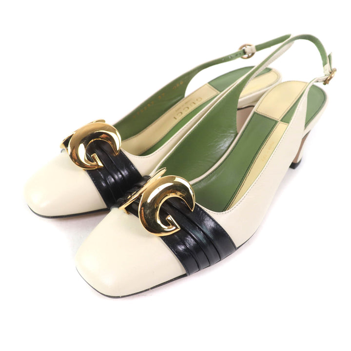 Pristine GUCCI pumps Half Moon GG Backstrap Square Toe Ivory leather Women 37