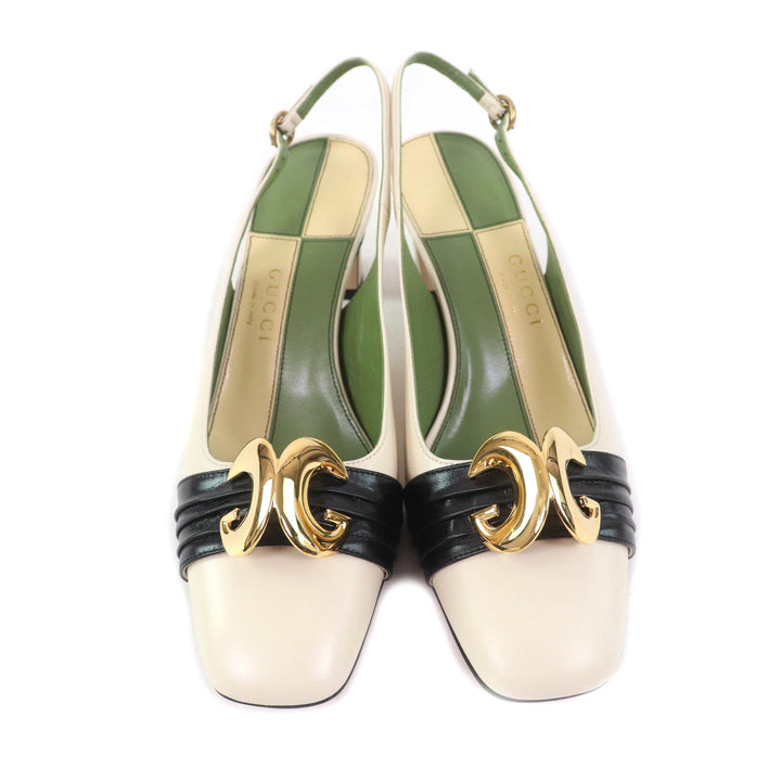Pristine GUCCI pumps Half Moon GG Backstrap Square Toe Ivory leather Women 37