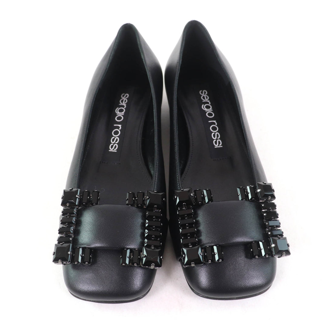 Pristine Sergio Rossi pumps SR PRINCE Jeweled square toe leather black leather
