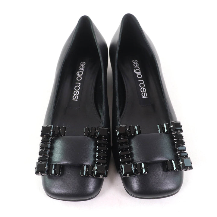 Pristine Sergio Rossi pumps SR PRINCE Jeweled square toe leather black leather