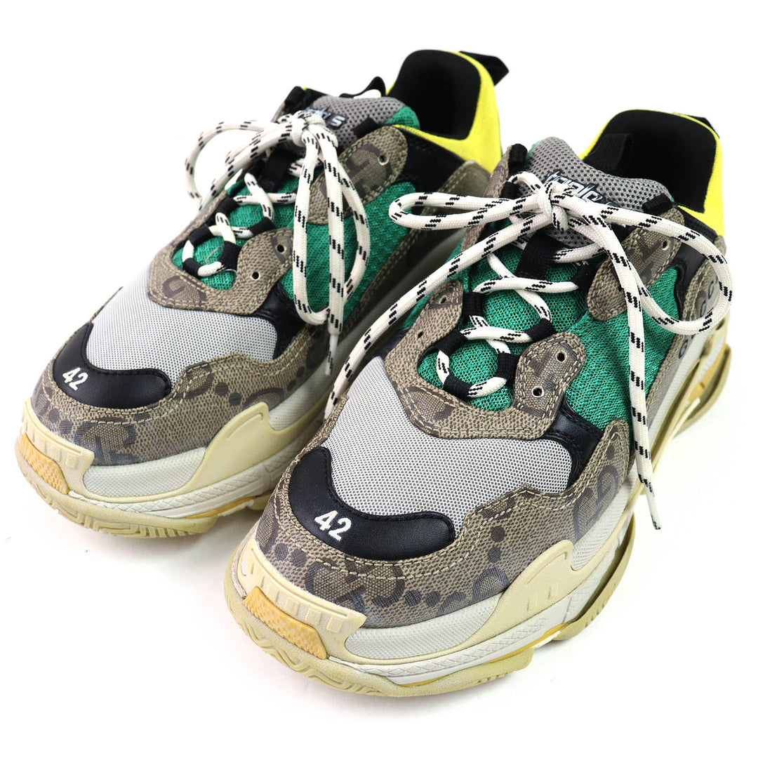 Great GUCCI×BALENCIAGA sneakers The Hacker Project Triple S beige green yellow mens