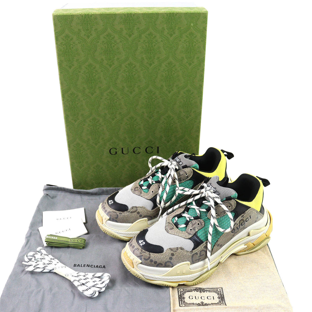 Great GUCCI×BALENCIAGA sneakers The Hacker Project Triple S beige green yellow mens