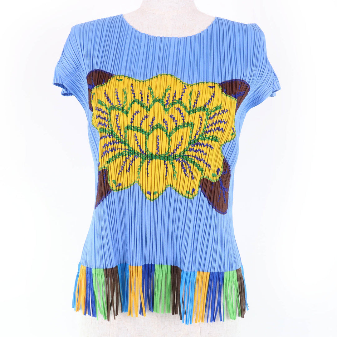 Excellent PLEATS PLEASE T-shirt Tropical Flower with Fringe Blue Women 3