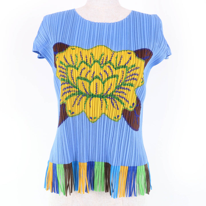 Excellent PLEATS PLEASE T-shirt Tropical Flower with Fringe Blue Women 3
