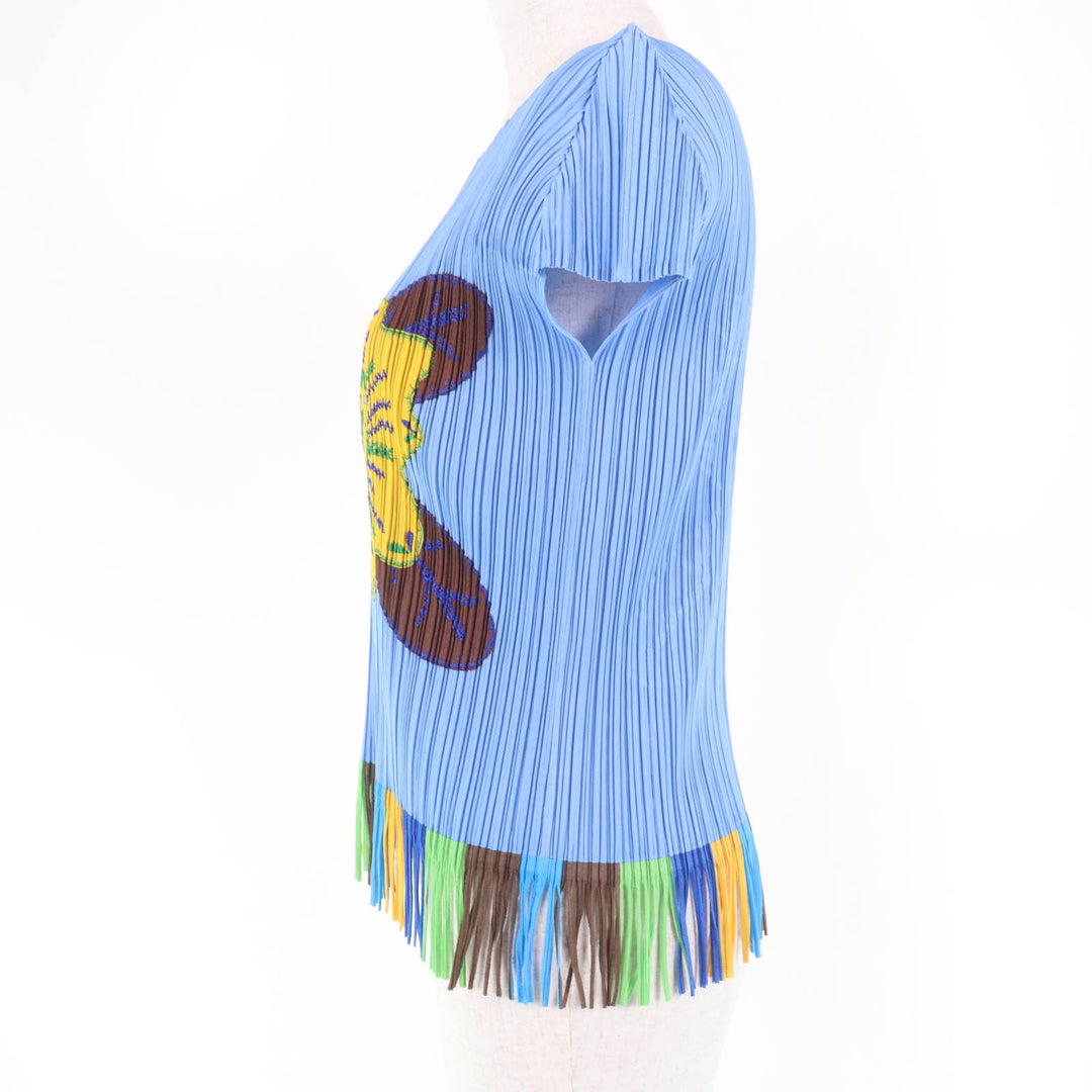 Excellent PLEATS PLEASE T-shirt Tropical Flower with Fringe Blue Women 3