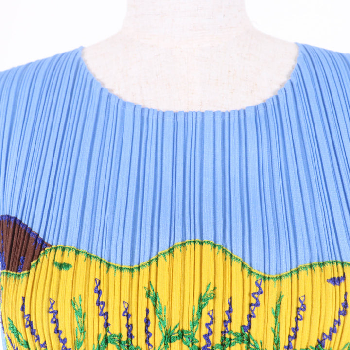 Excellent PLEATS PLEASE T-shirt Tropical Flower with Fringe Blue Women 3