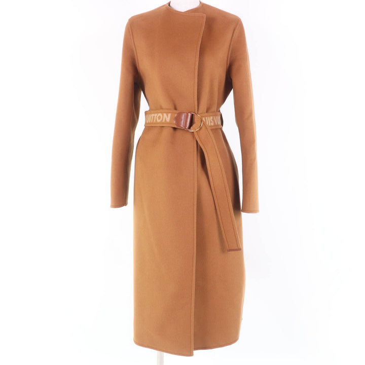 LOUIS VUITTON coat Monogram lining Belted No collar Long length wool Women 36