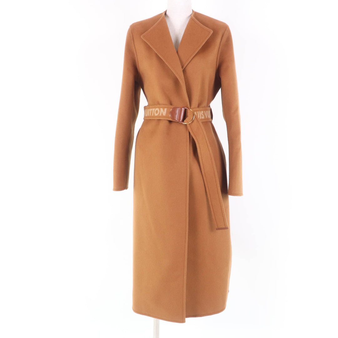 LOUIS VUITTON coat Monogram lining Belted No collar Long length wool Women 36
