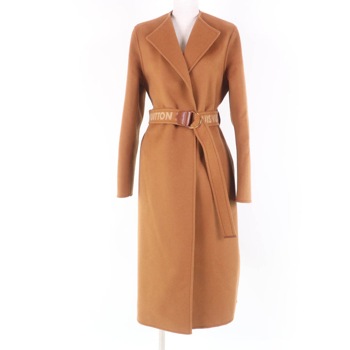LOUIS VUITTON coat Monogram lining Belted No collar Long length wool Women 36