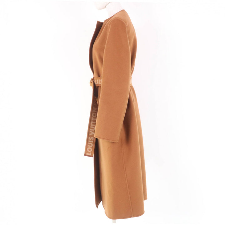 LOUIS VUITTON coat Monogram lining Belted No collar Long length wool Women 36