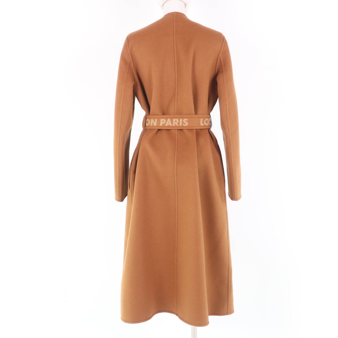 LOUIS VUITTON coat Monogram lining Belted No collar Long length wool Women 36