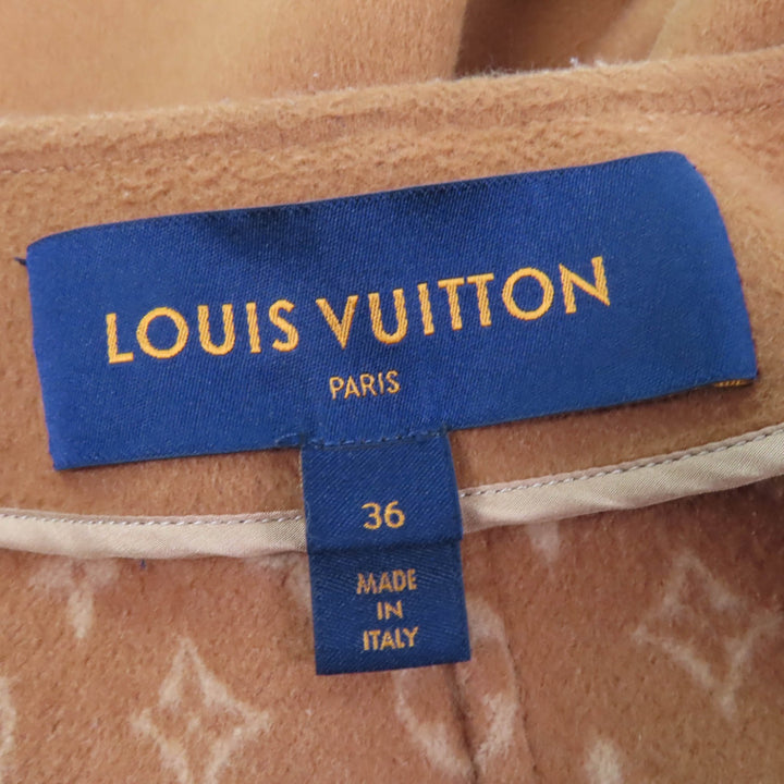 LOUIS VUITTON coat Monogram lining Belted No collar Long length wool Women 36