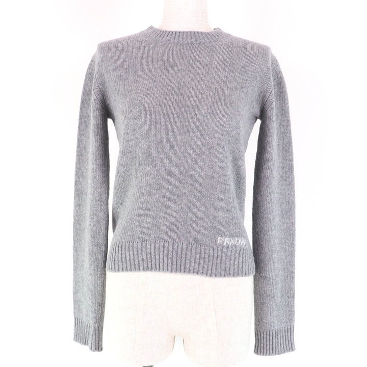 Great PRADA knit Logo design long sleeve gray Virgin wool Women 38 P24M2H