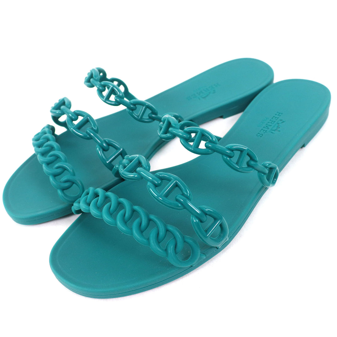 Pristine HERMES Sandals Riverage Shane Dunkle Flat green rubber Women 35