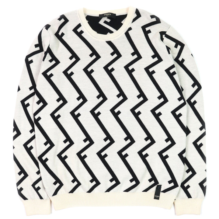 Excellent FENDI knit FF motif all-over print crew neck Ivory black mens 54 FZZ489
