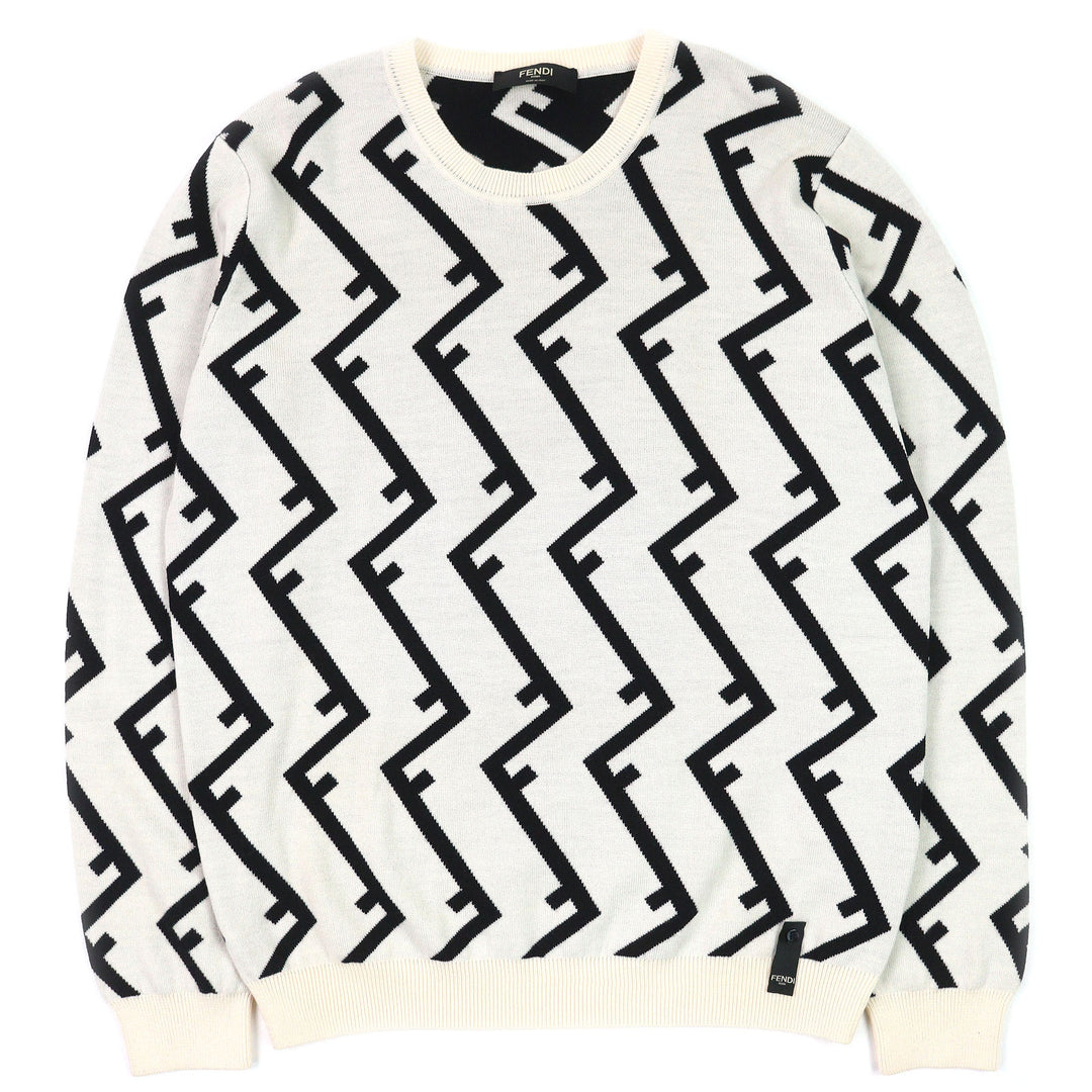 Excellent FENDI knit FF motif all-over print crew neck Ivory black mens 54