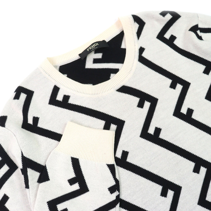 Excellent FENDI knit FF motif all-over print crew neck Ivory black mens 54 FZZ489
