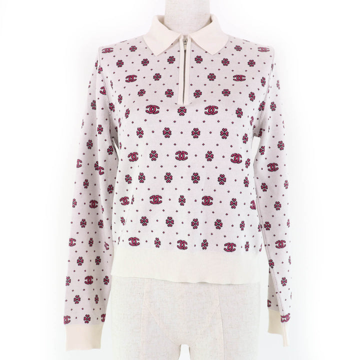 CHANEL knit COCO Mark Half ZIP Ivory pink silk Women 36 P74276K10699