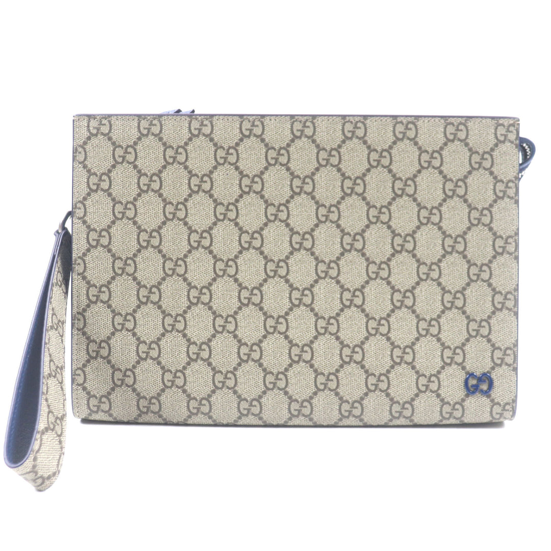 Pristine GUCCI business bag GG Supreme Small Pouch Clutch Beige navy leather mens 768255