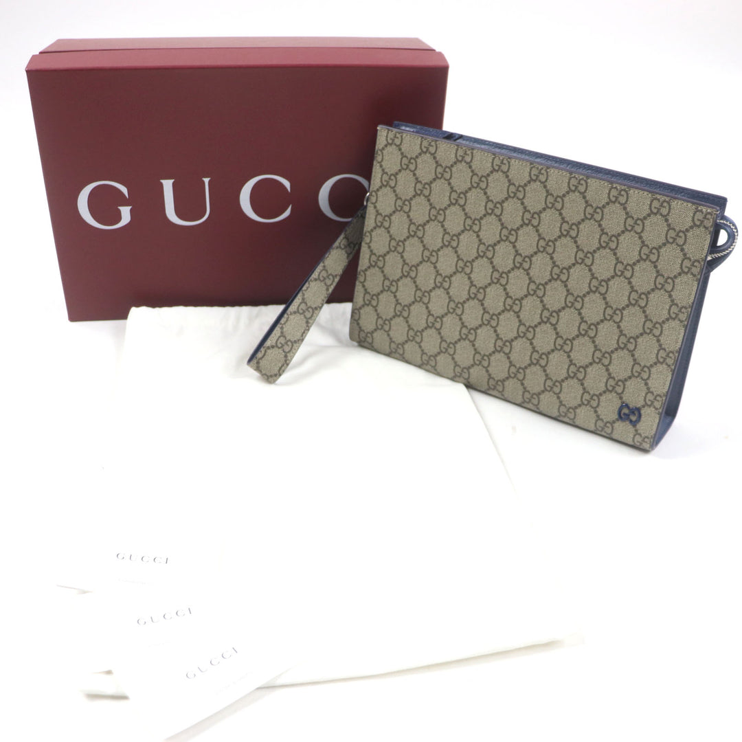 Pristine GUCCI business bag GG Supreme Small Pouch Clutch Beige navy leather mens 768255