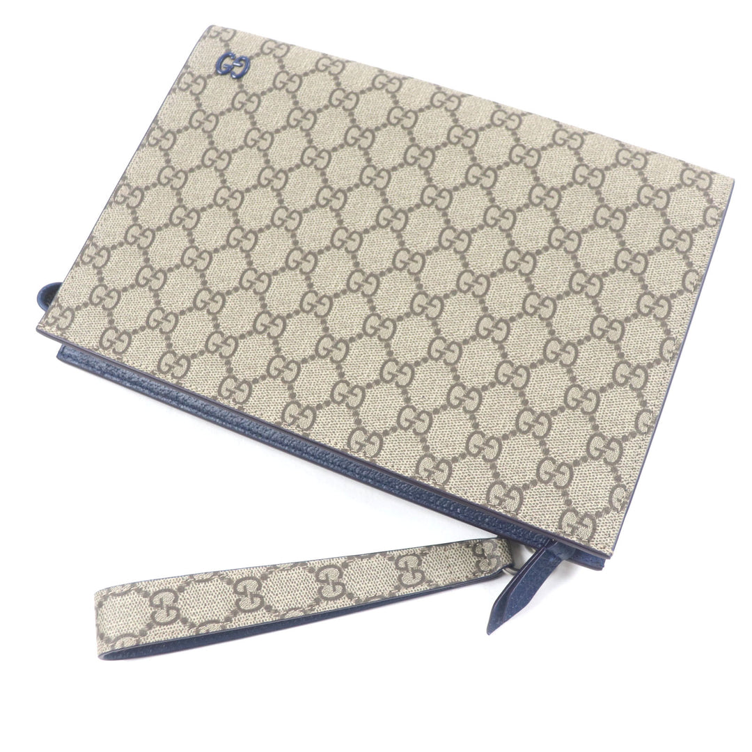 Pristine GUCCI business bag GG Supreme Small Pouch Clutch Beige navy leather mens 768255
