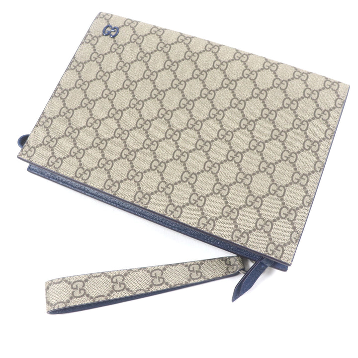 Pristine GUCCI business bag GG Supreme Small Pouch Clutch Beige navy leather mens 768255