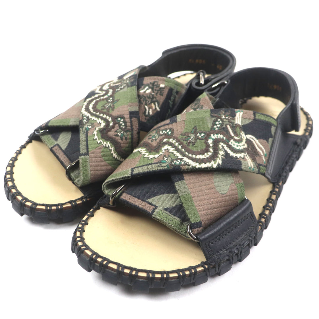 Excellent VALENTINO Sandals Dragon Embroidery Strap Black khaki leather mens 40