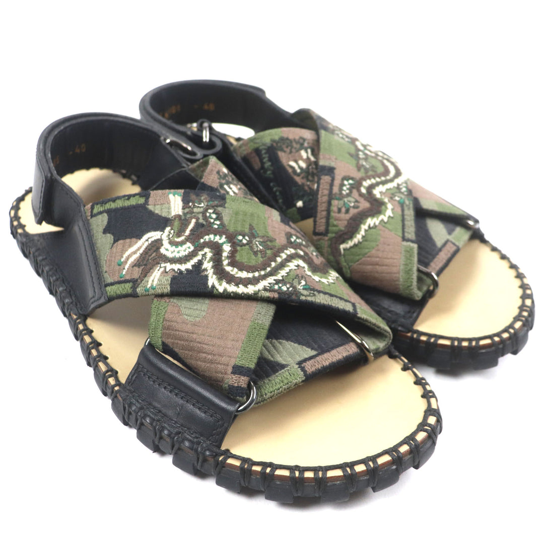 Excellent VALENTINO Sandals Dragon Embroidery Strap Black khaki leather mens 40