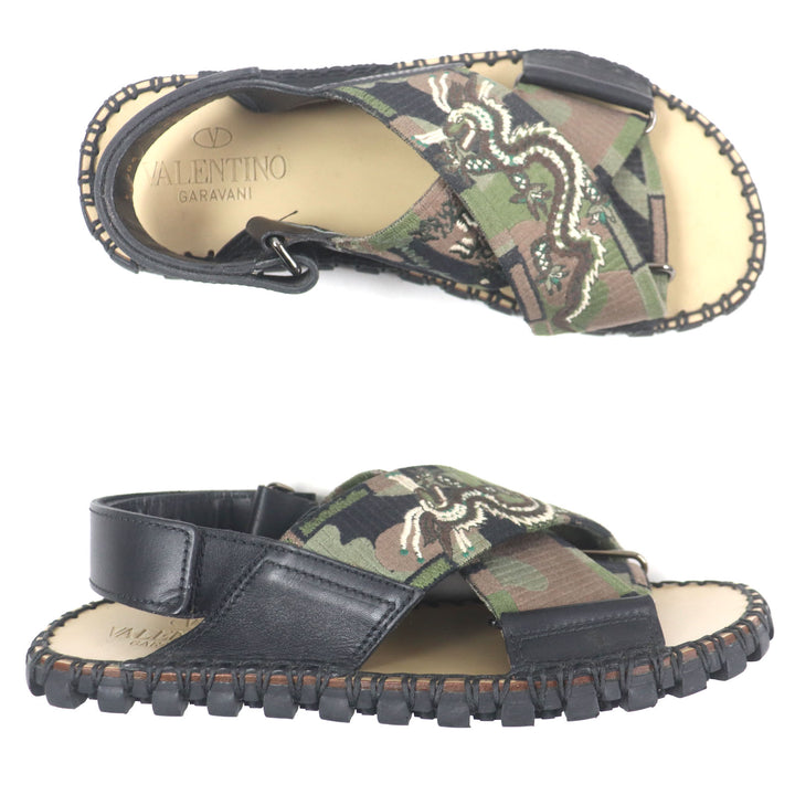 Excellent VALENTINO Sandals Dragon Embroidery Strap Black khaki leather mens 40