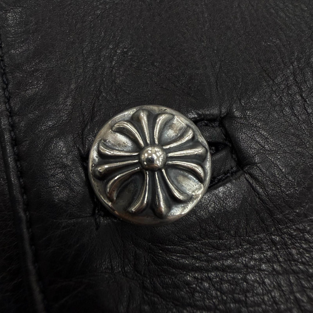Very Good CHROME HEARTS Leather coat Crossball Button Long black leather mens M