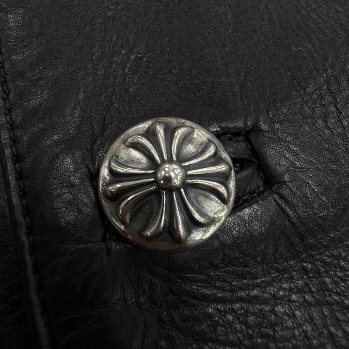 Very Good CHROME HEARTS Leather coat Crossball Button Long black leather mens M