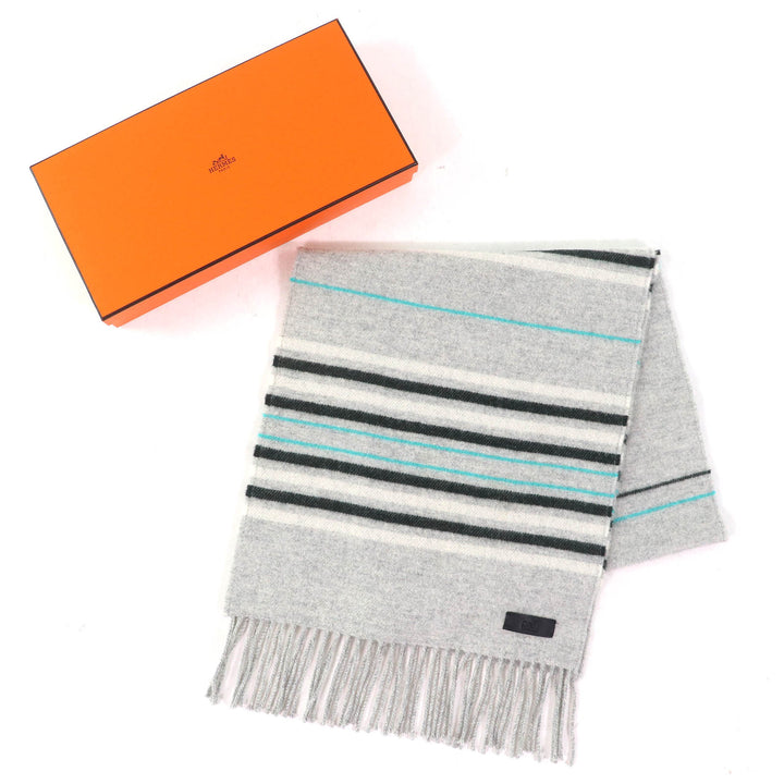 Excellent HERMES Scarf Neo Rocabar Logo leather patch fringe scarf stole