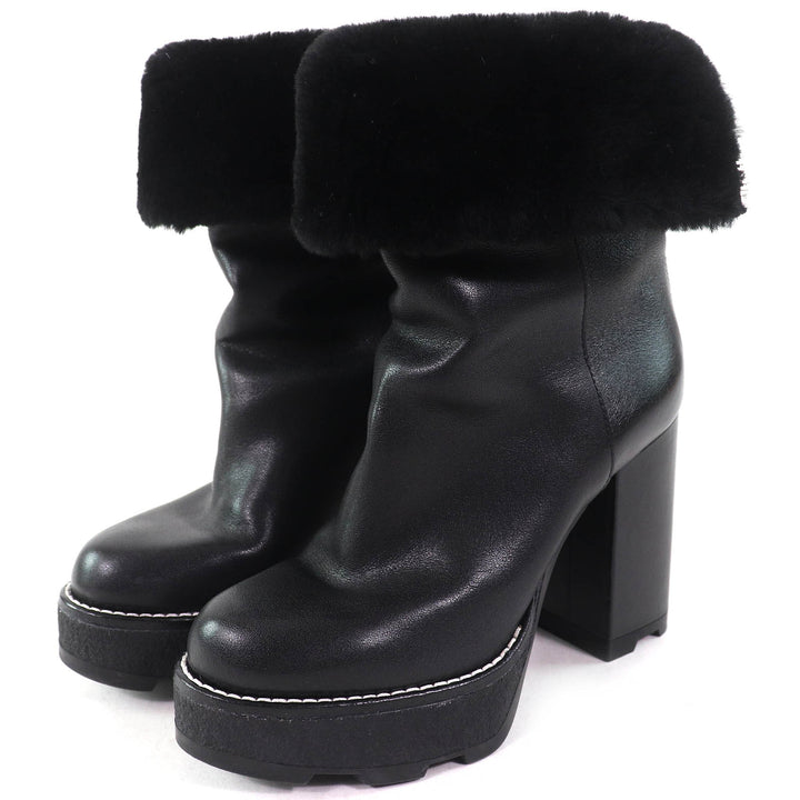 Great LOUIS VUITTON short boots LV logo Metal back zip leather shearling Women 36.5