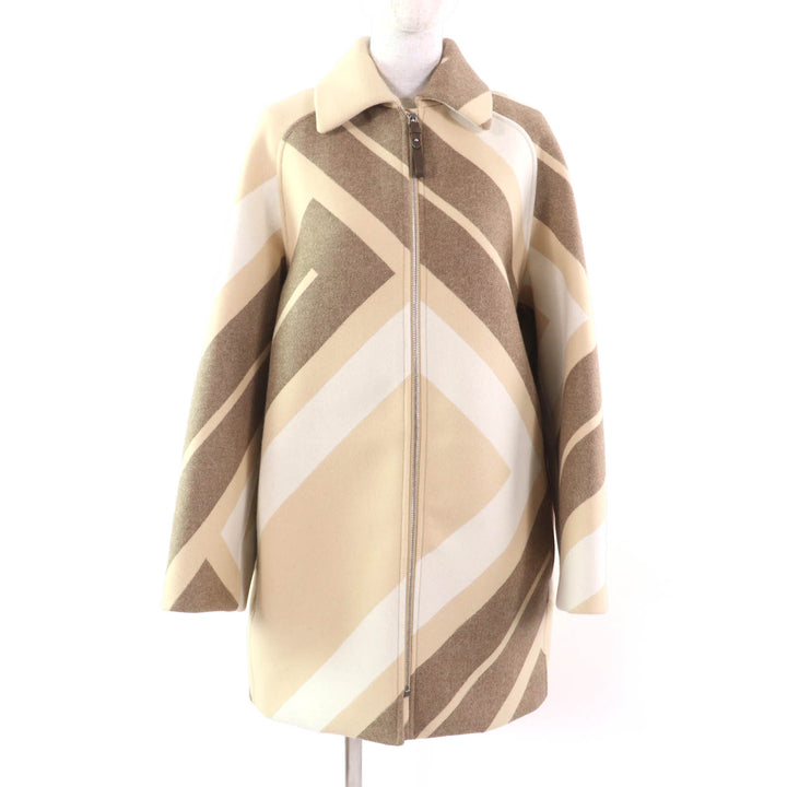 HERMES coat Leather zip raglan sleeve mosaic Beige brown wool Women 36 2H0133DI