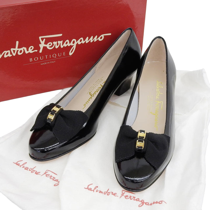 Excellent Salvatore Ferragamo pumps MAIL Vara ribbon black leather Women 5 67035