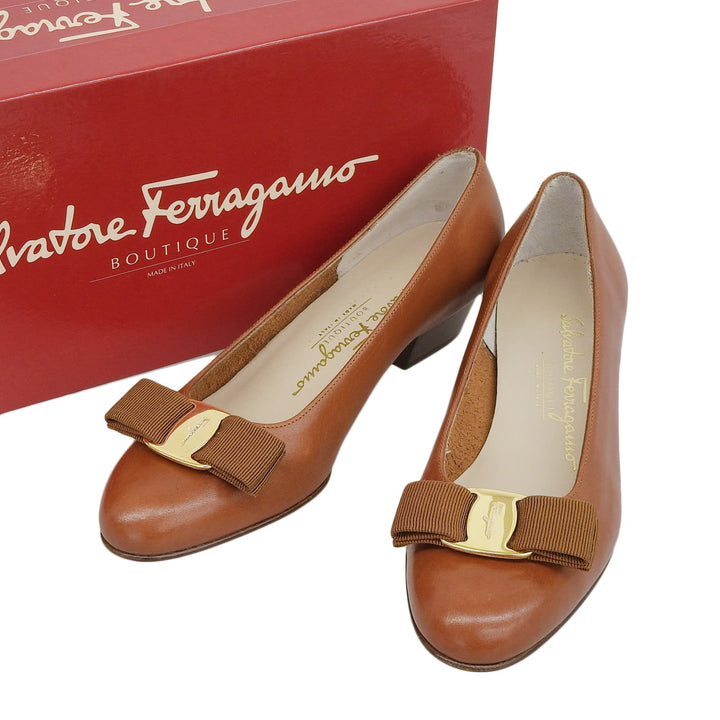Excellent Salvatore Ferragamo pumps VARA Vara ribbon Brown leather Women 5
