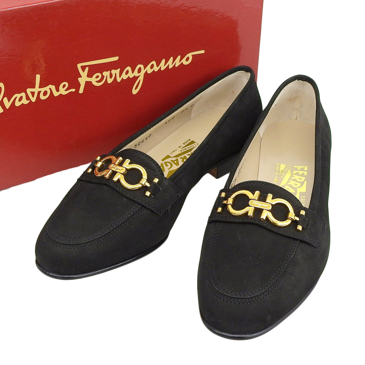 Excellent Salvatore Ferragamo pumps BABS Double Gancini black Nubuck Women 5.5